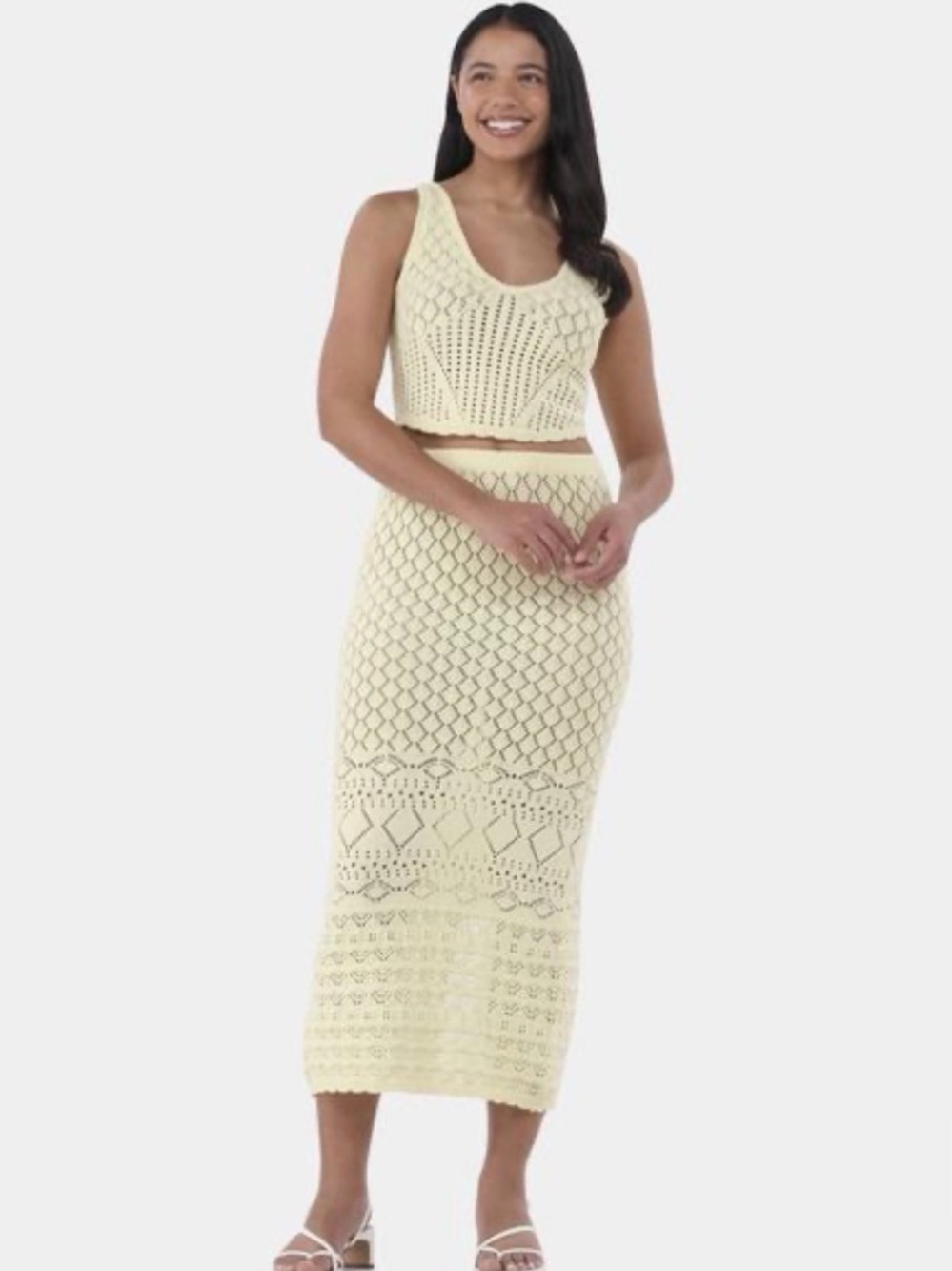 Madden NYC Women’s Yellow 2-Piece Knit Crochet Set XL V Neck Tank Top Skirt
